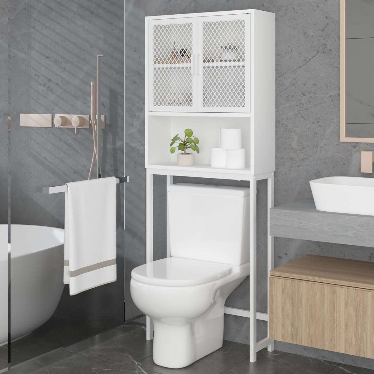 Launica Over The Toilet Storage, Industrial Bathroom Organizer Over Toilet, Freestanding Over Toilet Bathroom Storage Cabinet with Rack, Wood Metal Bathroom Space Saver Shelf Over Toilet, White Oak