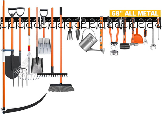 ELEAD 68'' All Metal Adjustable Garden Tool Organizer: Garage Tool Organizer Wall Mount with Black Hooks, Garage Organizers and Storage, Tool Hangers for Shed