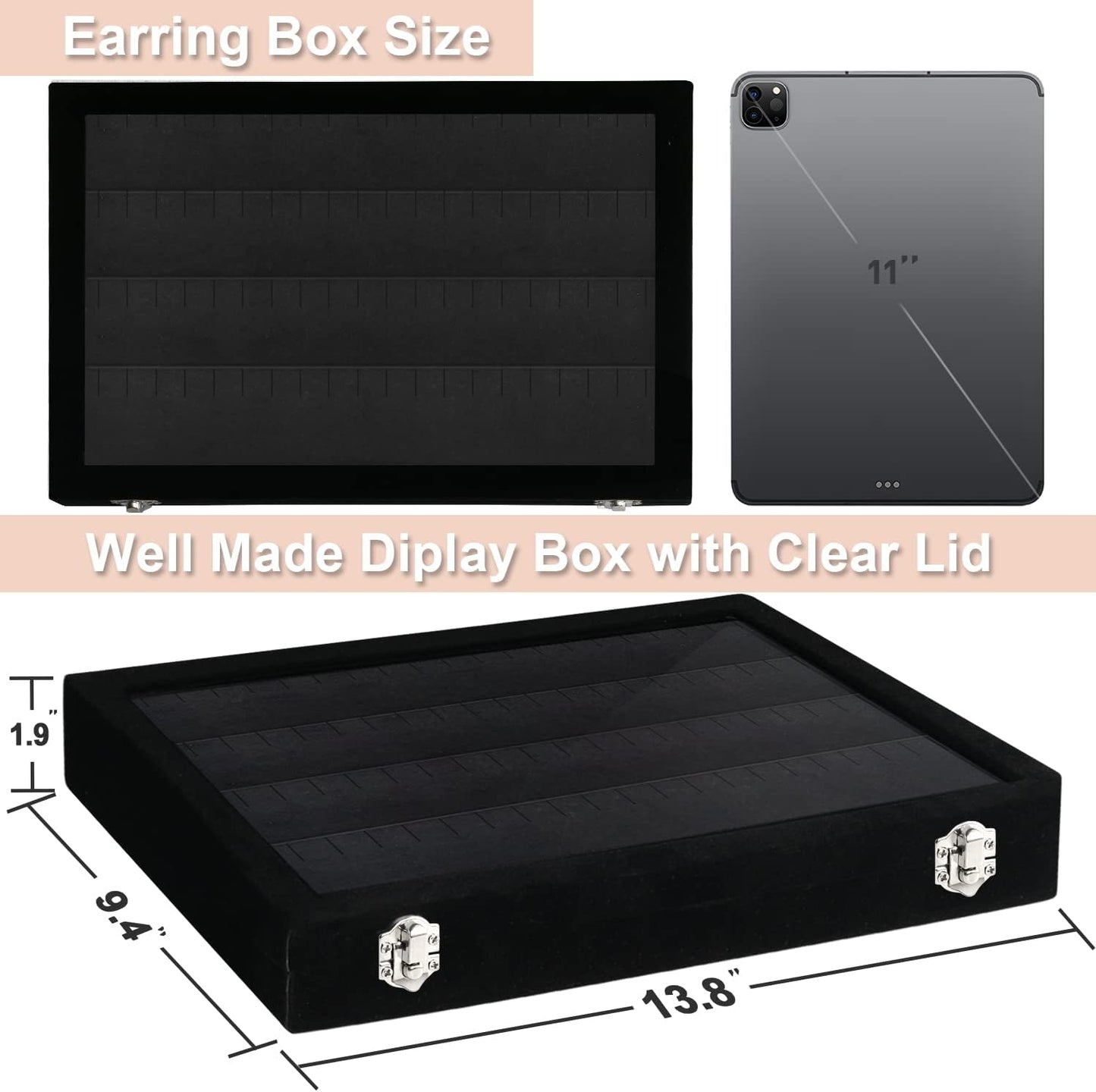 Jenseits Earring Organizer Tray, Earring Box with Clear Lid 80 Slots Velvet Drawer,Earring Tray with Lock, Jewelry Display Case for Women Girls, Black