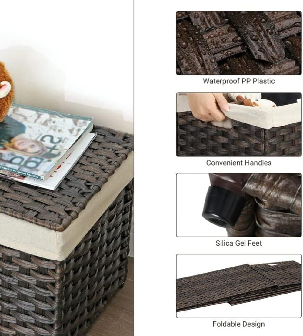 SONGMICS Storage Basket with Lid, Woven Blanket Storage Bin with Handles, Foldable, Removable Liner, Metal Frame, for Bedroom, Laundry Room, 42.3 Gallons (160 L), Brown URST76BR