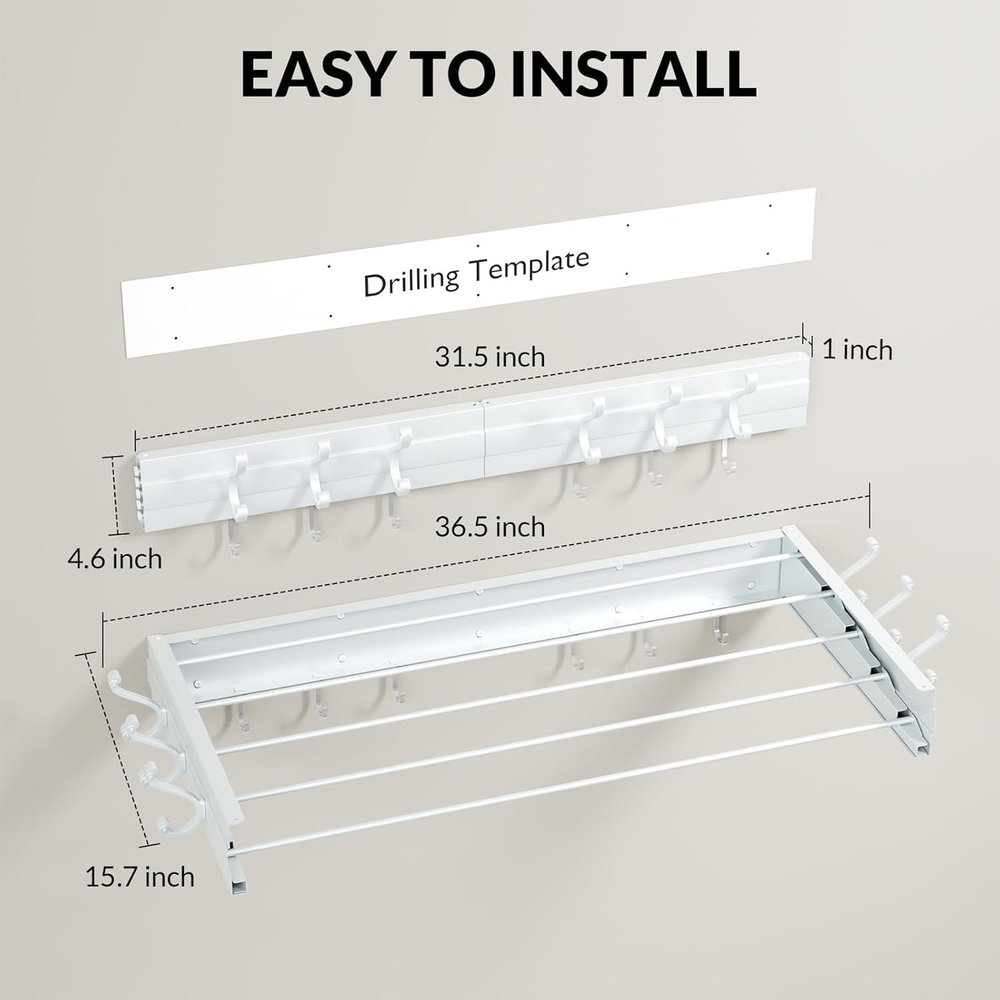 BAKON Wall Mounted Drying Rack, Indoor Outdoor Foldable Wall Mounted Clothes Drying Rack, Concealed Wall Drying Rack - Space Saving for Storage and Drying Clothes, 6 Hooks, 5 Poles (31.5"【Upgrade】)