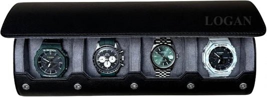 DailyWatch | Personalized Watch Roll Travel Case For 4 Watches - Handmade Genuine Leather Travel Case With Custom Engraving of Name or Initials - Black Grey