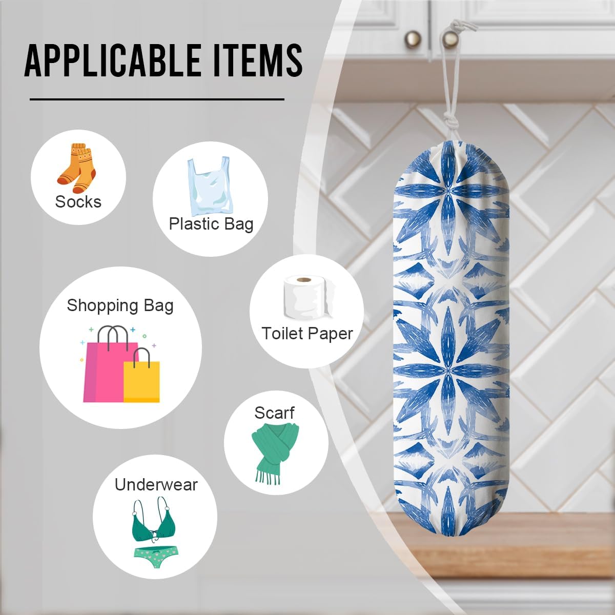 Navy Blue Plastic Bag Holder, Reusable Grocery Bags Holder, Wall Mount Trash Bags Dispenser for Home Kitchen Cabinet, Pantry Organization, Kitchen Pattern Garbage Bag 66