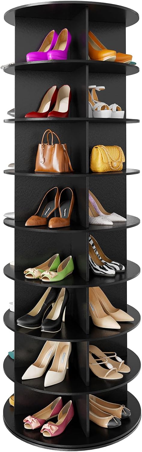SpaceAid 8 Tier Rotating Shoe Rack Tower, Spinning Shoe Display Lazy Susan, Revolving 360 Shoe Rack Storage Round Carousel, Vertical Handbag Rotate Shoes Closet Organization (8-Tier Black)
