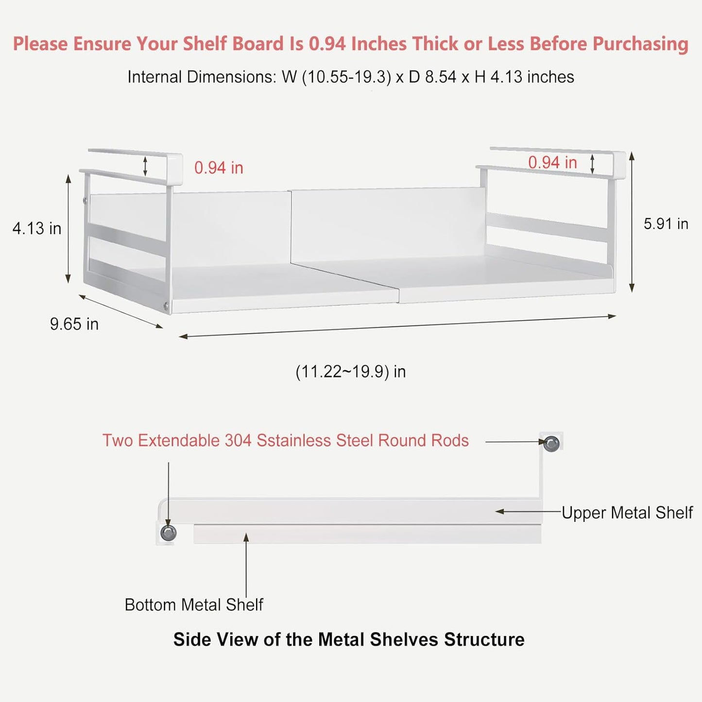 Expandable Under Cabinet Shelf Organizer with 0.94-Inch Thick Clips, Heavy Duty Extendable Under Shelf Storage Basket for Pantry or Laundry Room, White, 2 Pack, Interior: 4.13" H x 8.54" D
