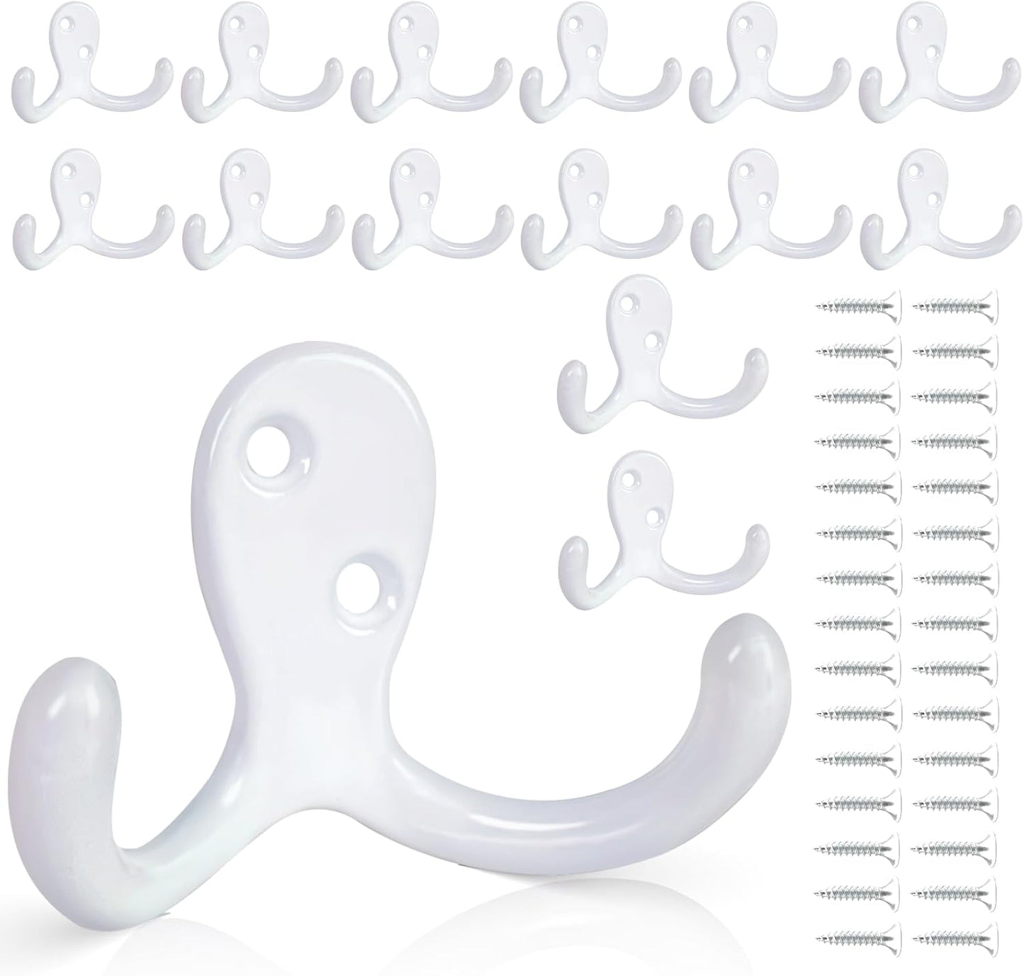 15Pack Coat Hooks Wall Hooks for Hanging, Heavy Duty Double Prong Metal Hook Wall Mounted for Living Room, Bathroom, Kitchen, Bedroom for Coat, Bag, Scarf, Towel, Hat, Key, Cup (White)