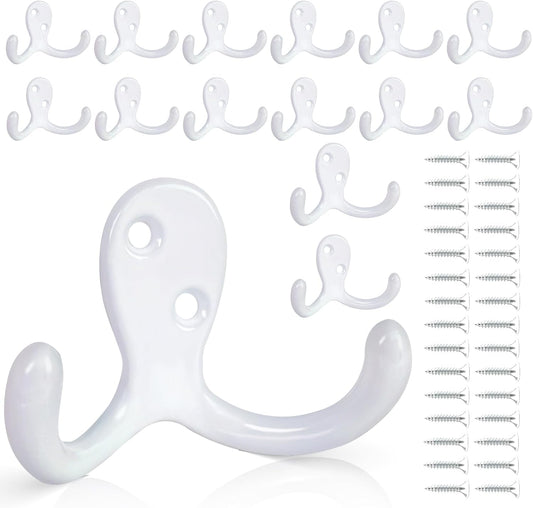 15Pack Coat Hooks Wall Hooks for Hanging, Heavy Duty Double Prong Metal Hook Wall Mounted for Living Room, Bathroom, Kitchen, Bedroom for Coat, Bag, Scarf, Towel, Hat, Key, Cup (White)