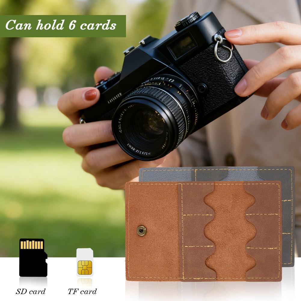 2PCS PU Leather Memory Card Holder with Metal Snap Button Micro SD Carry Cover Foldable Gaming Card Organizer Portable Retro Leather Guitar Pick Case for Travel Daily Storage CFexpress SIM