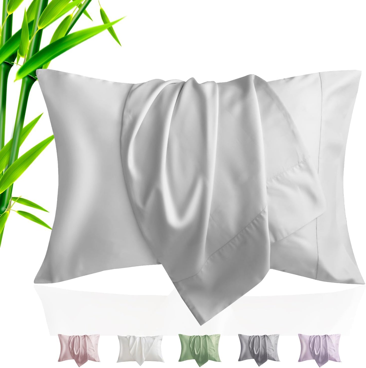 TELUS Pillow Cases Queen Size 2 Pack, Bamboo Rayon & Lyocell Pillowcase with Envelope Closure, Cooling Breathable Pillow Cover for Hot Sleeper & Night Sweats, 20x30 inch, Light Grey
