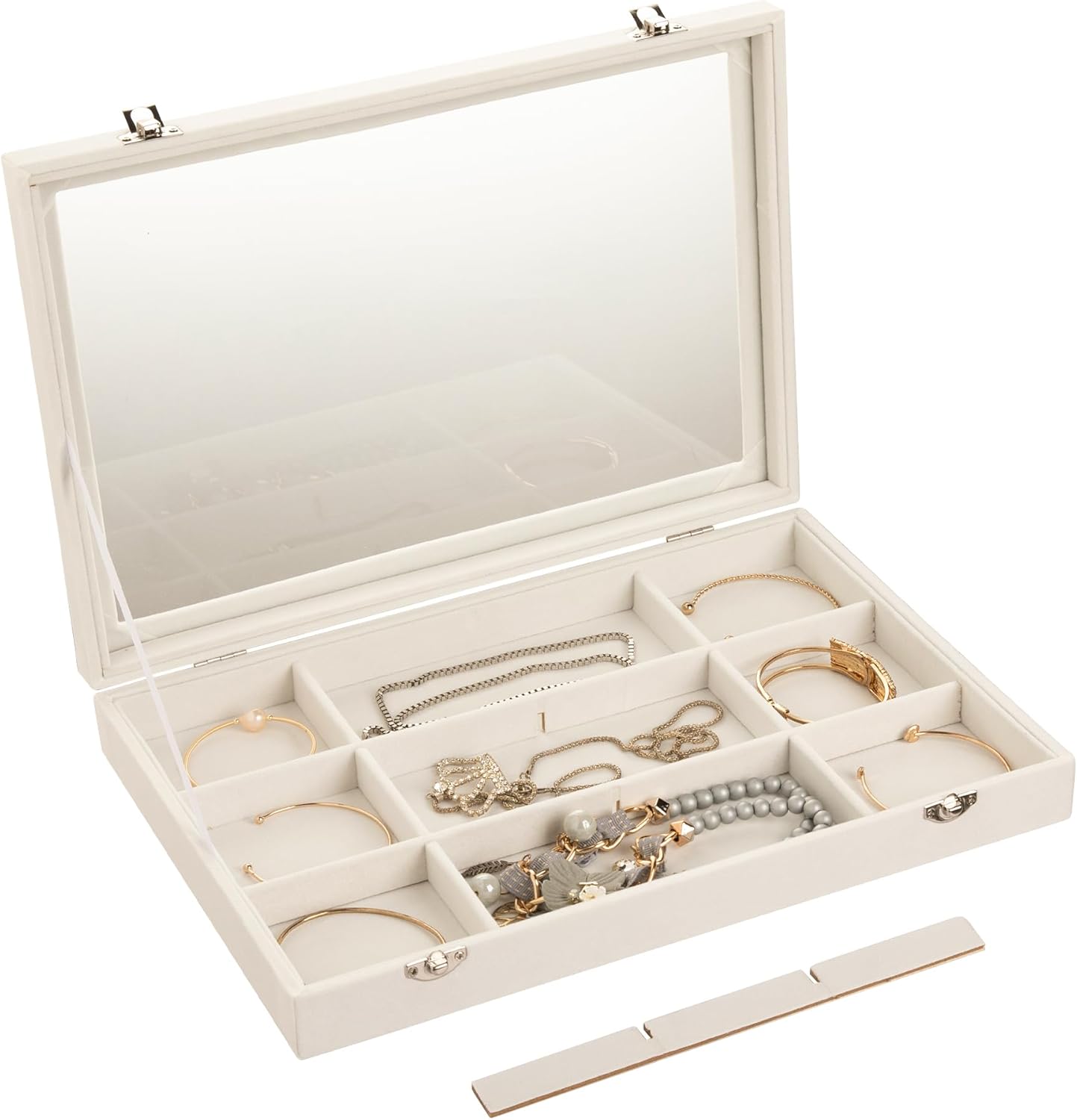 Frebeauty Velvet Jewelry Tray,12 Grid Jewelry Organizer with Clear Lid,Bracelets Holder,Jewelry Display Case with Clasp,Drawer Insert Bangle Brooch,13.8 x 9.5 x 2 Inches,Gift for Women Girls(Beige)