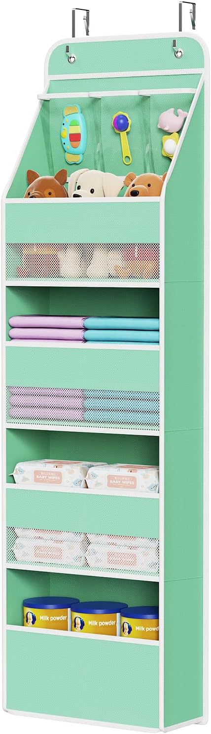 Univivi 5-Shelf Fabric Door Storage Over Door Hanging Organizer with 4 Large Pockets and 3 Small PVC Pockets Nursery Closet Cabinet Wall Mount Hanging Storage Organizers for Baby Nursery (Green)
