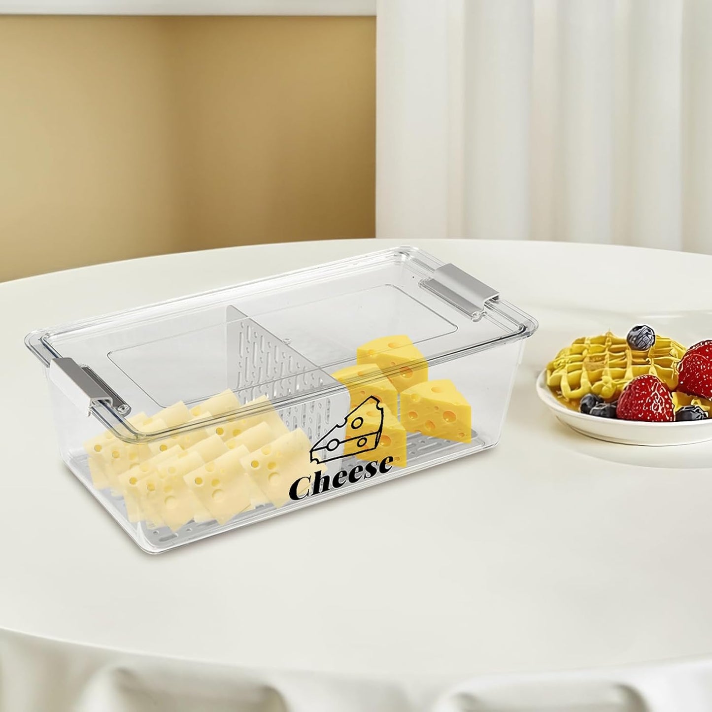Cheese Container Airtight with Draining Basket Cream Block Cheese Sliced Cheeses Box with Lid for Fridge Shredded Saver 2 Compartment Deli Meat Storage Box,Cheeses Sliced,Grated,Cheddar Keeper