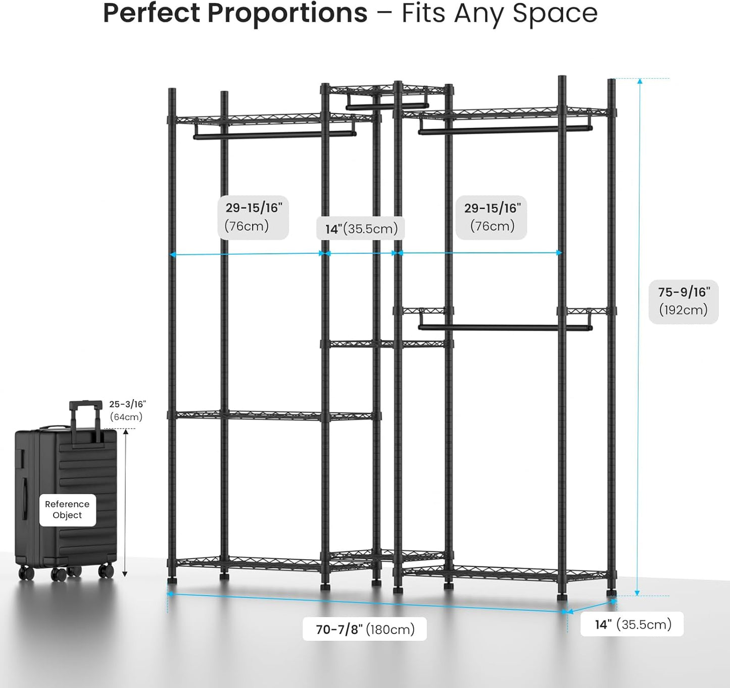 Garment Rack Heavy Duty Clothes Rack Adjustable Freestanding Metal Portable Wardrobe Closet Rack with Shelves for Hanging Clothes - 72" L x 14" W x 75" H, Black