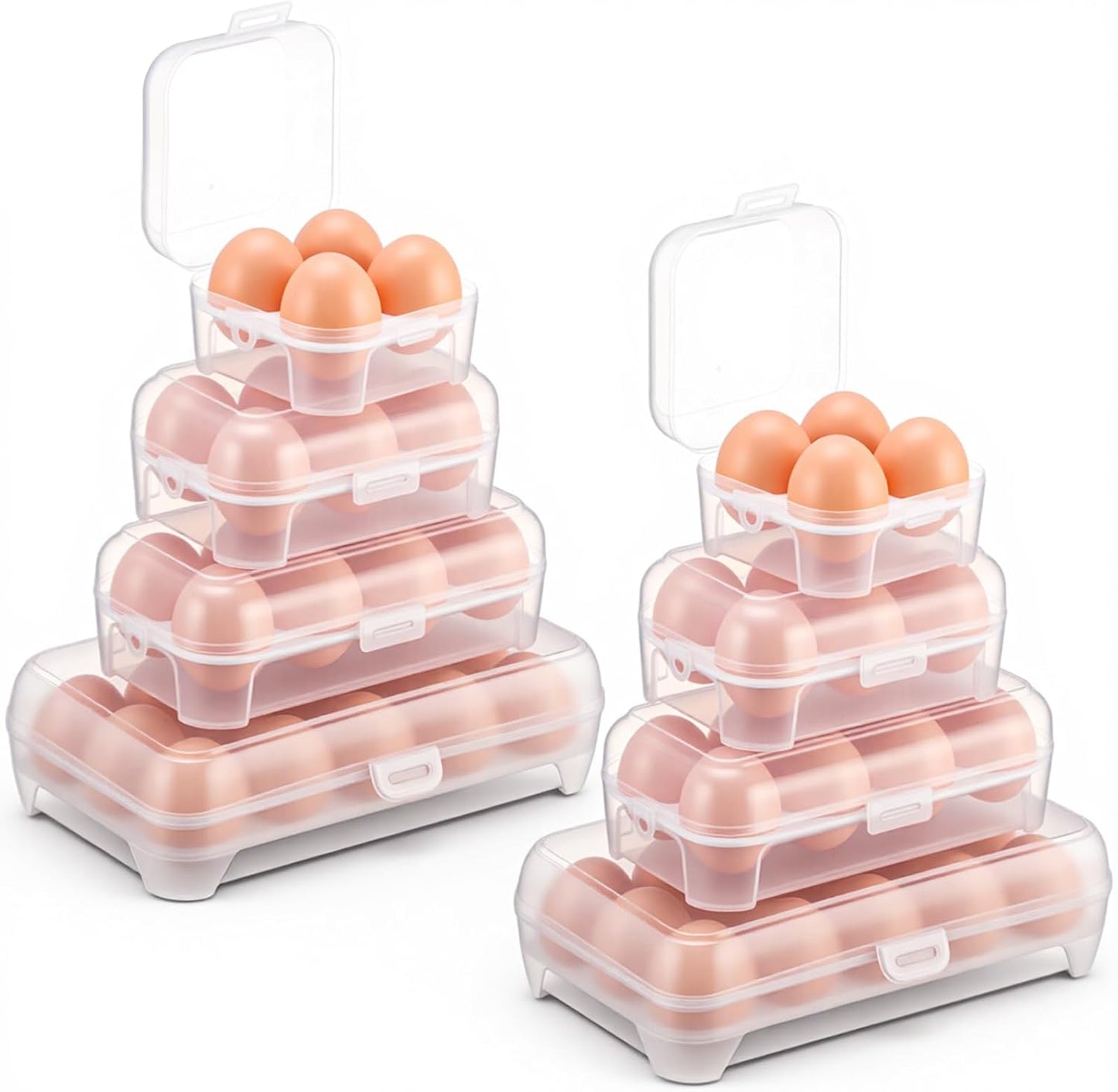 8 Pack Grid Egg Holder (4 Size: 15+8+6+4, Total 66 Eggs) Plastic Clear Grid Egg Container Keeper Storage Organizer Carrier for Refrigerator Camping Picnic Travel Kitchen Outdoor