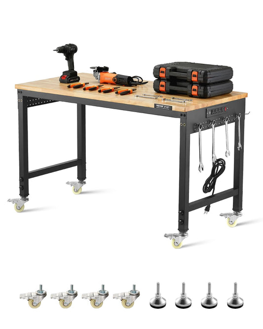 VEVOR Adjustable Workbench, 48-Inch Work Bench with Power Outlet, Wheels, and Pegboard, 2000 lbs Load Heavy Duty Oak Wood Top Work Table for Garage, Workshop, Office, and Home