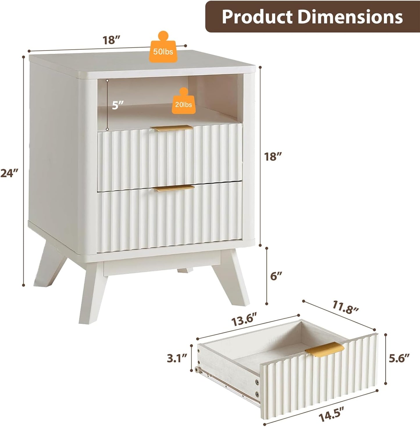 Fluted Nightstand - 24" Modern Bedside Table w/ 2 Drawers, Wood Bed Side End Table with Open Shelf, Night Stand with Storage Drawer, Curved Design Night Stands for Bedroom Living Room (White)