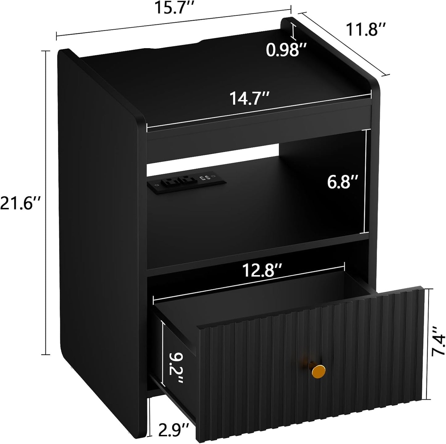 HIFYOBRO 21.6" Tall Fluted Nightstand, End Table with Charging Station and LED Light, Modern End Side Table with Drawer (Black)