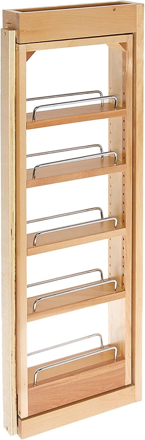 Rev-A-Shelf 3"W x 33"H Pull Out Quad Shelf Organizer for Wall & Base Kitchen Cabinets, Full Extension Filler Spice Rack, Adjustable, Wood, 432-WF33-3C