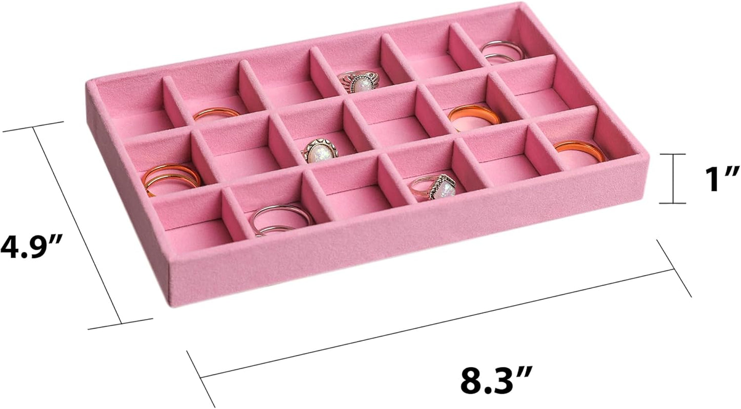 Frebeauty Jewelry Organizer Tray,Stackable Velvet Jewelry Trays,Drawer Inserts Earring Organizer For Women Jewelry Storage Display Case for Rings Stud Necklaces,8.3 x 4.9 x 1 Inches (Pink)