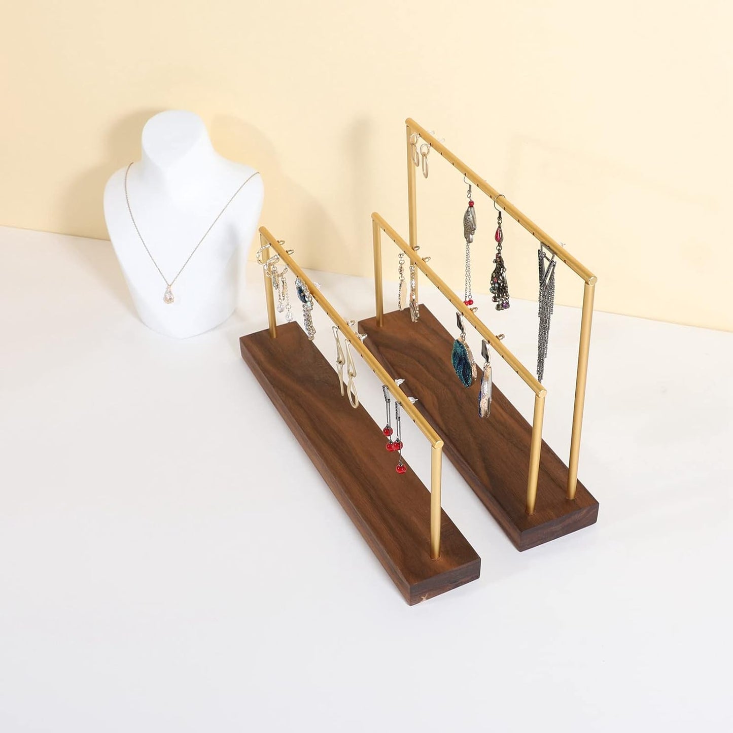 GemeShou wooden earring holder organizer for girls, walnut stud earring display stand for boutique store, jewelry storage organizer shelf【Walnut stand-Two Tiers】