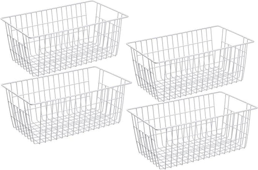 Wire Storage Basket Freezer Organizer Bins Food Storage Metal Baskets with Handles Pantry Organizer for Kitchen Freezer Cabinets Closet Bedroom Bathroom,Set of 4,White