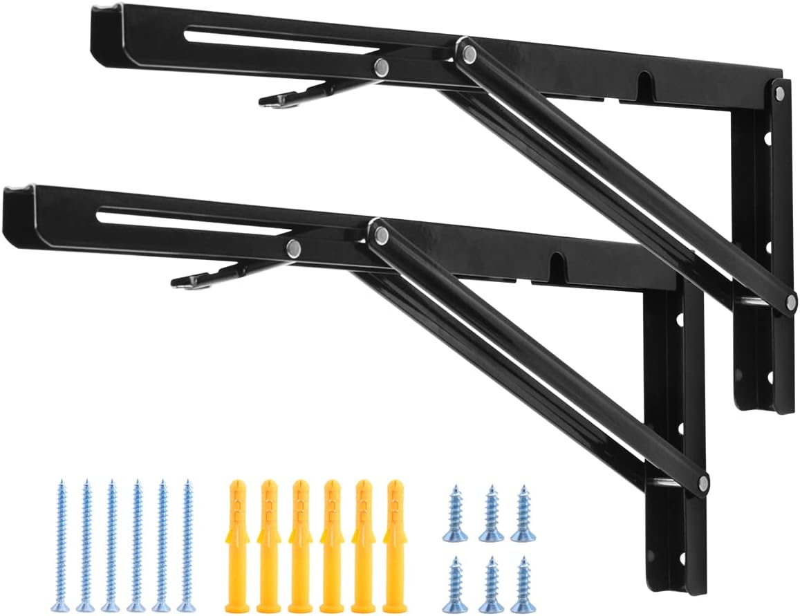 YUMORE 16 Inch Folding Shelf Brackets, Heavy Duty Collapsible Shelf Bracket, Black DIY L Bracket for Workbench Folding Table Hinge, Max Load: 330lb, Pack of 2