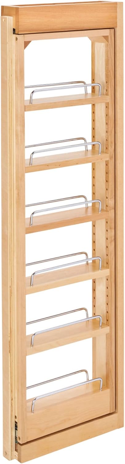 Rev-A-Shelf 3" W x 39" H Pull Out Quad Shelf Organizer for Wall & Base Kitchen Cabinets, Full Extension Filler Spice Rack, Adjustable, Wood, 432-WF39-3C