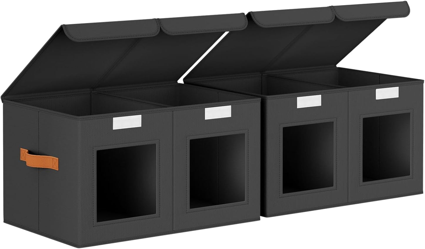 Large Closet Storage Bins - Collapsible Divided Clothes Organizer with Lids & Dual Window, Fabric Organizing Bins for Clothes, Sweater, Toys, Bedroom, Office (Black, 2 Pack)