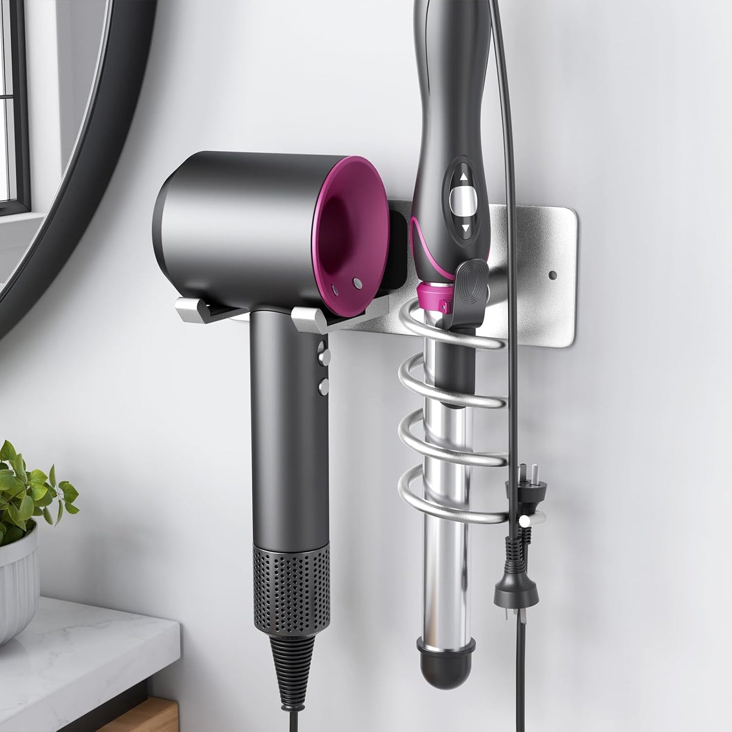 Tindbea Hair Dryer Holder + Curling Iron Holder,Blow Dryer Holder Wall Mount, Bathroom Hair Tool Organizer Rack for Universal Dryer Silver Color