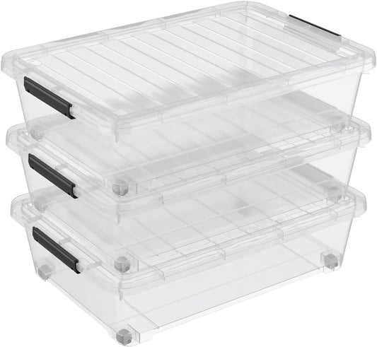 3 Packs 40 L Plastic Underbed Storage Containers with Lids, Clear Latching Bin Box with wheels