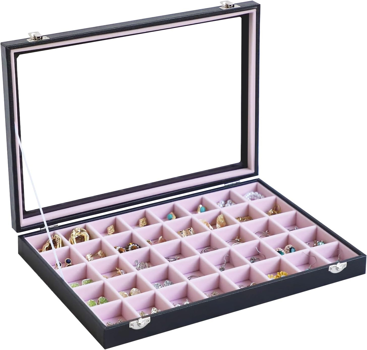Stratalife Jewelry Organizer 40 Grid Pink Black Jewelry Tray with Clear Dust-proof Lid Velvet Earring Organizer Necklace Rings Holder Display Drawer Storage Case for Women