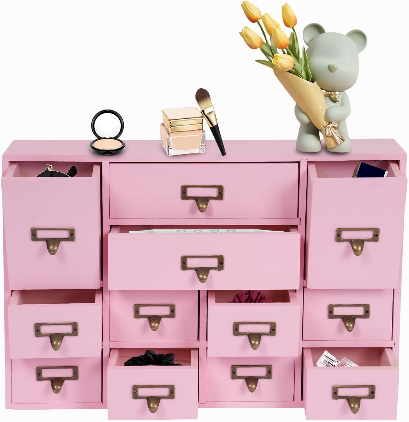 12-Drawer Wooden Storage Cabinet Organizer, Apothecary Cabinet Vintage Library Card Catalog Cabinets for Countertop Apothecary Tea Coffee Pod Storage (Pink)