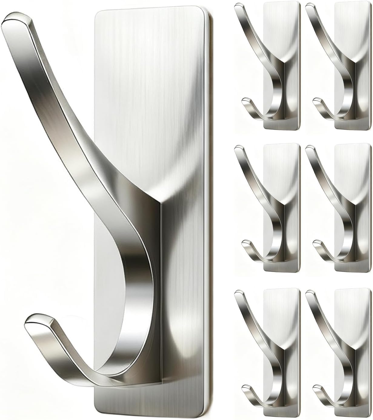 pickpiff Self Adhesive Coat Hooks for Hanging: Heavy Duty Stainless Wall Hook for Towel, Backpack, Hat, Sturdy Metal Hanger for Bathroom, Bedroom, Door, Brushed Nickel, 6-Pack