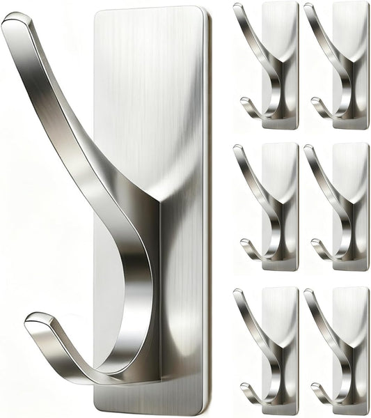 pickpiff Self Adhesive Coat Hooks for Hanging: Heavy Duty Stainless Wall Hook for Towel, Backpack, Hat, Sturdy Metal Hanger for Bathroom, Bedroom, Door, Brushed Nickel, 6-Pack