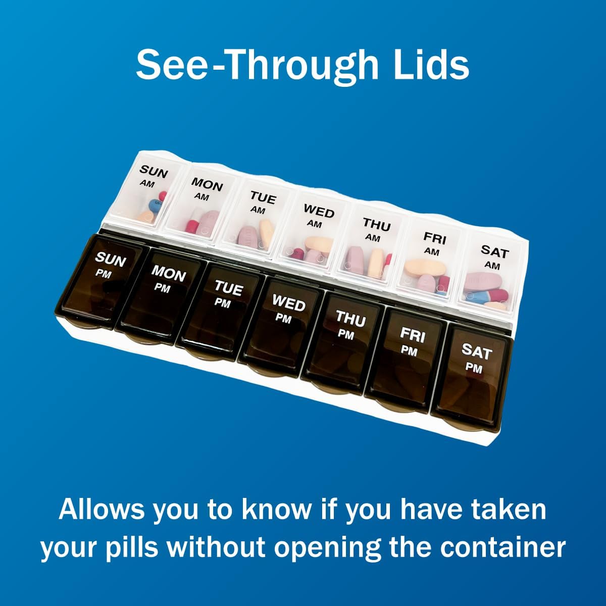 Amazon Basic Care 7-Day AM/PM Pill Organizer | Large Compartments | 2 Times Daily | Black and Clear Lids | Pack of 2