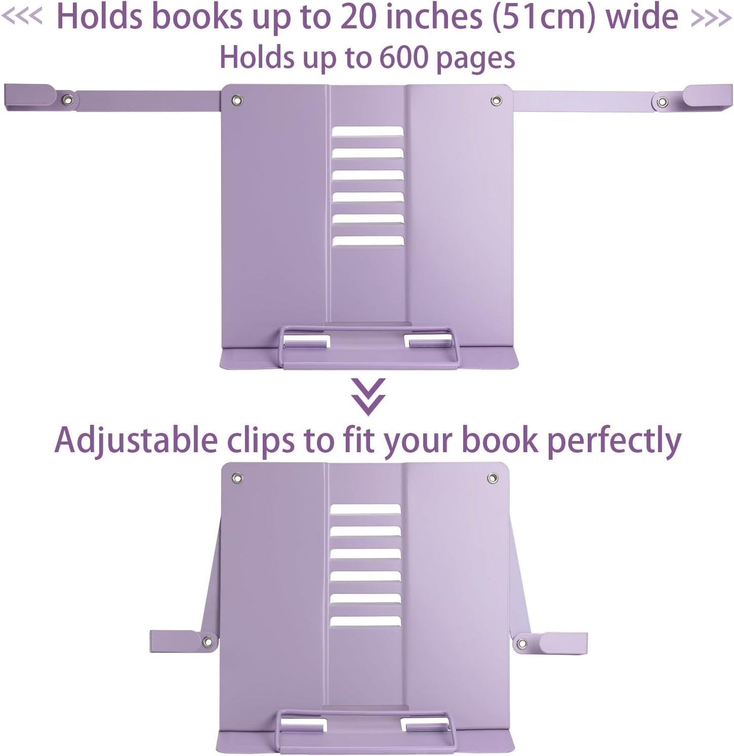 Metal Desk Book Stand for Reading with Adjustable Clips, Hands-Free Foldable Book Holder for Kids, Portable Document Stand for Desk, Display Stand for Recipes, Cookbooks, Tablets - Purple