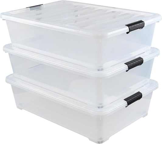 Gloreen 3 Pack Large Under Bed Storage Boxes with Wheels, 50 Quart Clear Plastic Lidded Storage Bins