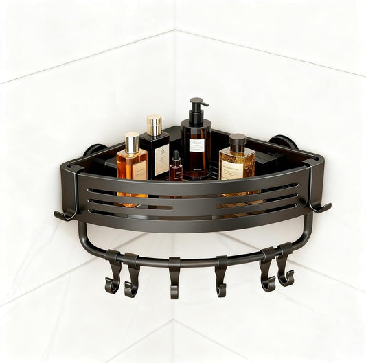 Aluminum Corner Shower Caddy, Rust Proof Bathroom Organizer with Suction Cup, Press Fit Tripod Design, Storage Rack for Shampoo