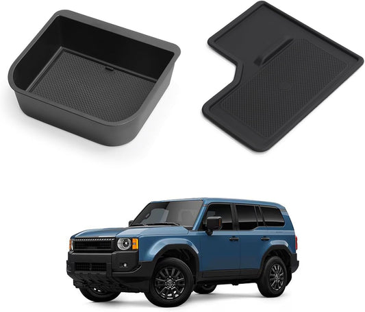 2PCS Fit for 2024 2025 2026 Toyota Land Cruiser Prado 250 Center Console Cool Box Organizer + Wireless Charging Protective Mat Accessories Black (Not Fit 1958 Model)