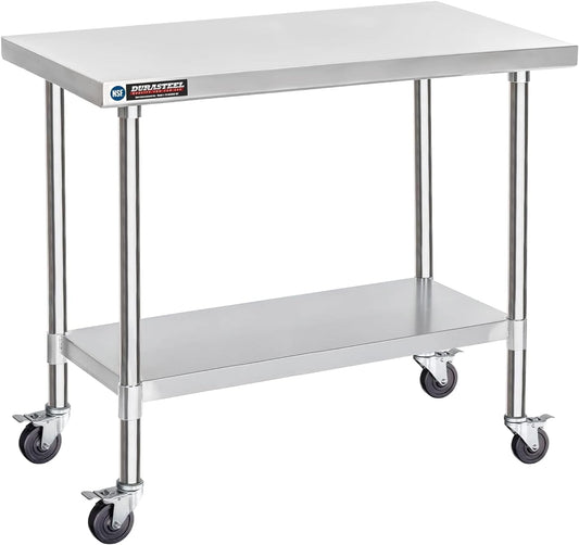DuraSteel 30x48 NSF Stainless Steel Cart Work Table - Heavy Duty Rolling Food Prep Table Countertop Island - Metal Utility Cart on Wheels Caster, Grill Stand Storage Outdoor Kitchen Tables Bar Top