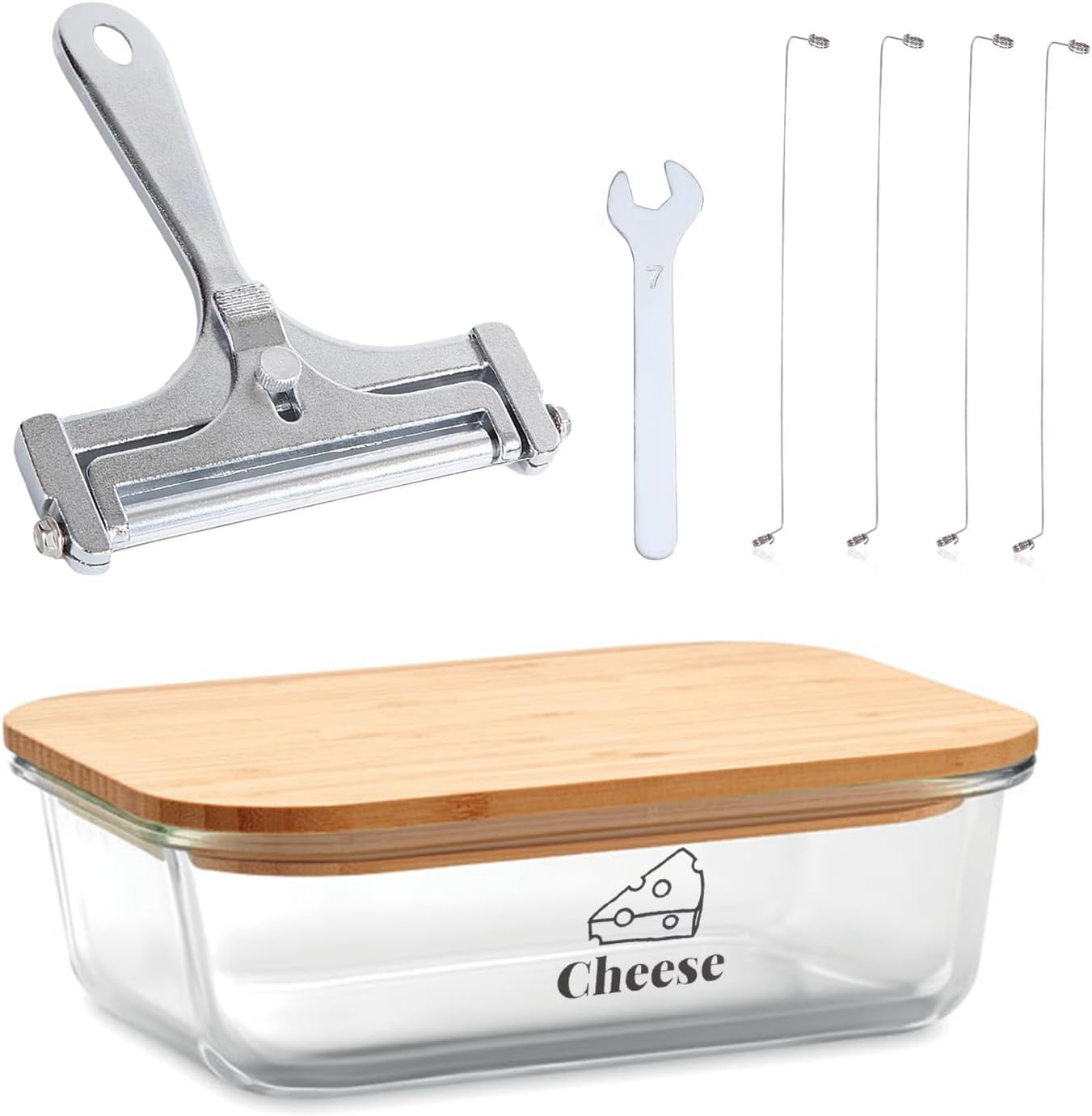 Cheese Container for Refrigerator,Glass cheese slice holder with Wooden Lid&Cheeses Cutter,Lunch Deli Meat Containers for Fridge,BPA-Free Shredded Cream Block Cheeses Storage Box keeper
