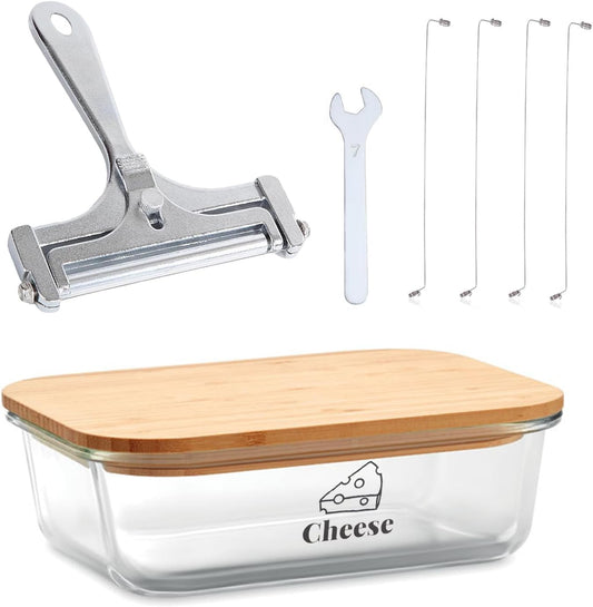 Cheese Container for Refrigerator,Glass cheese slice holder with Wooden Lid&Cheeses Cutter,Lunch Deli Meat Containers for Fridge,BPA-Free Shredded Cream Block Cheeses Storage Box keeper
