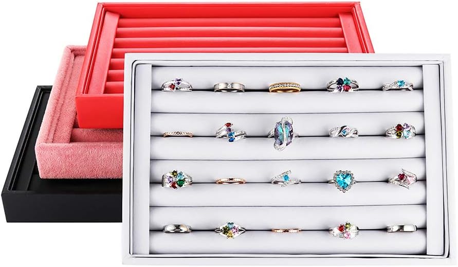 Valyria Velvet 7 Slots Ring Earrings Trays Showcase Display Jewelry Organizer (White PU Leather)