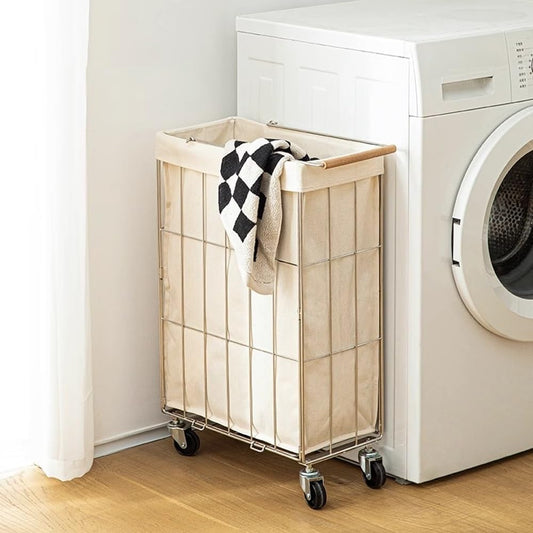 Rolling Laundry Cart with Baskets, Stainless Steel Hamper with Wheels, Slim Laundry Basket Organizer, Foldable Rolling Hamper for Bathroom and Living Room
