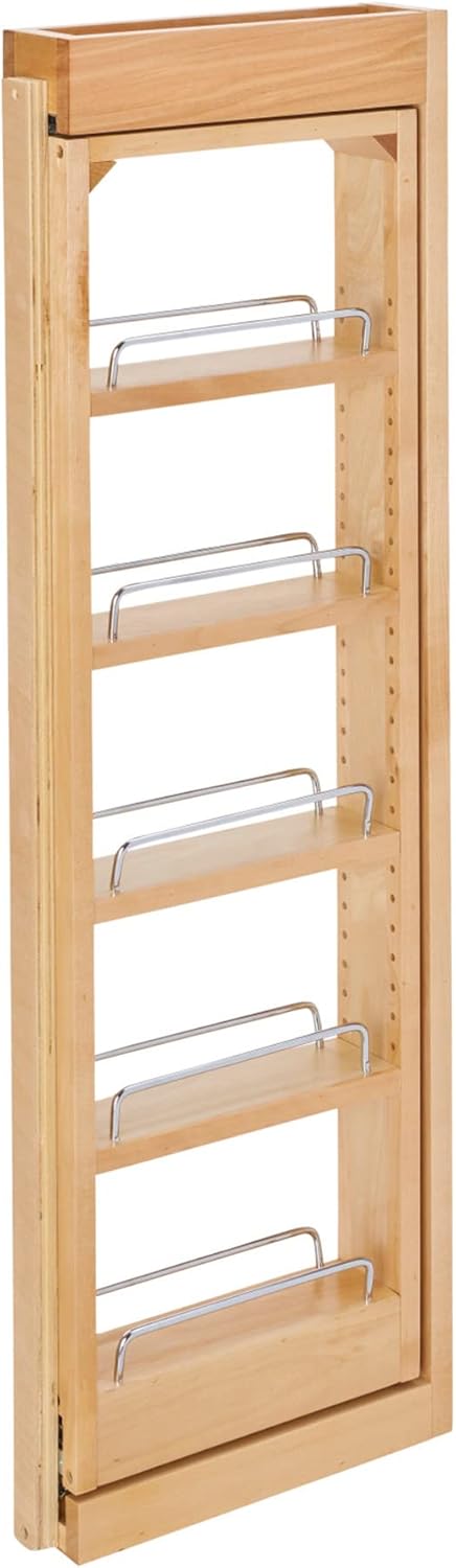 Rev-A-Shelf 3" W x 36" H Pull Out Quad Shelf Organizer for Wall & Base Kitchen Cabinets, Full Extension Filler Spice Rack, Adjustable, Wood, 432-WF36-3C