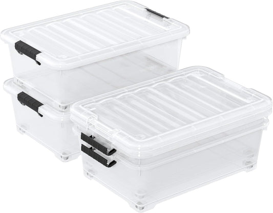 4 Packs 20 L Clear Plastic Underbed Storage Bins with Lids and Wheels, Plastic Storage Totes