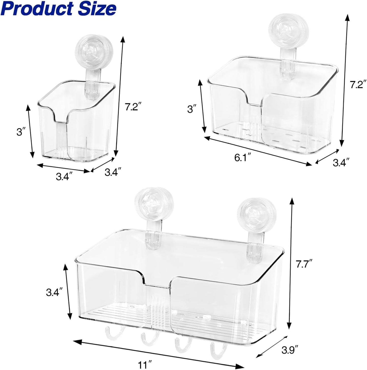 Clear Shower Caddy Suction Cup Shelf Organizer with Hooks Removable Shower Basket Light Luxury Style Punch-Free Dorm Wall Storage Rack for Kitchen Bathroom Set of 3