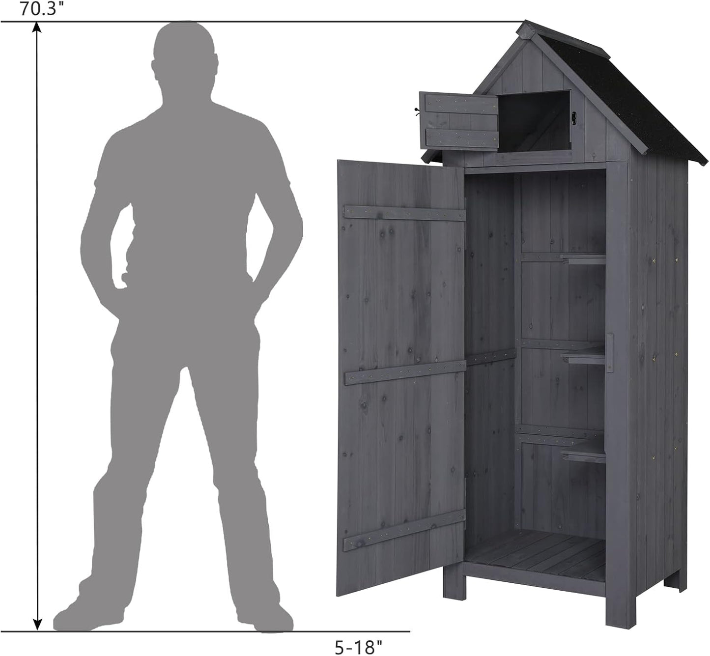 Outvita 70in Outdoor Storage Shed, Waterproof Wooden Garden Storage Cabinet with Lockable Door, Grey