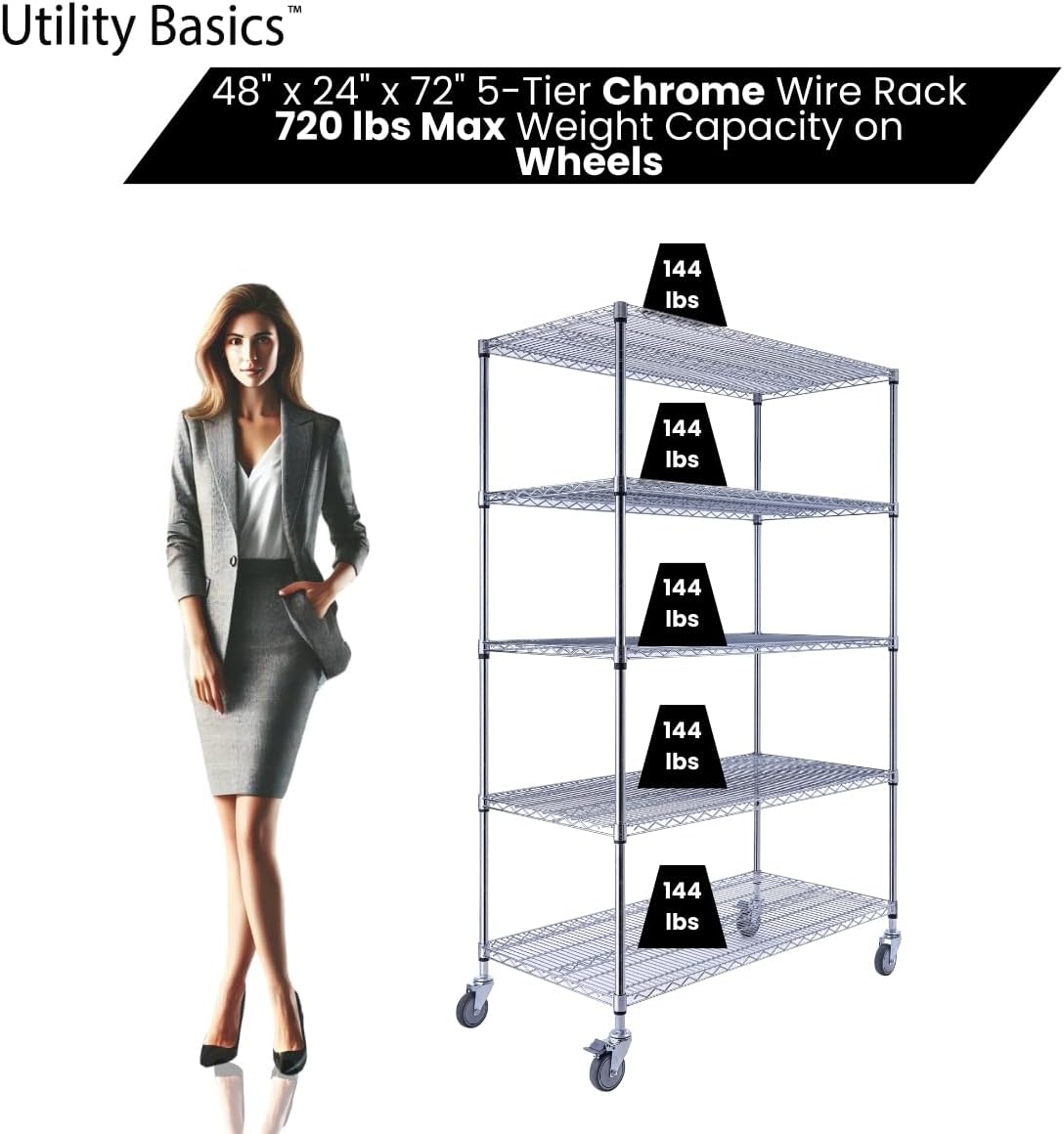 NSF Commercial 5-Tier Wire Shelving with Wheels, 48"x24"x72" Heavy Duty Metal Shelves 4000 lbs Max Capacity, Chrome Storage Rack for Garage Kitchen Pantry Warehouse