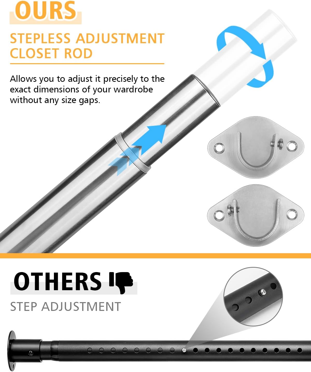 Closet Rod, 17 to 52 Inch Heavy Duty Adjustable Metal Clothing Rack for Hanging Clothes, Closet Poles for Wardrobes, Laundry, Durable Steel, Silver